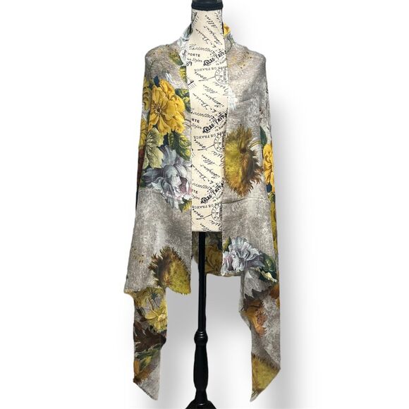Kollie More Tan Floral Print Long Scarf Wrap Viscose Tan Yellow Green Boho Shawl - Picture 2 of 12